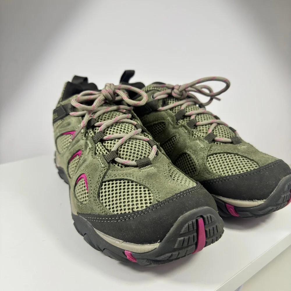 Merrell Alverstone Hiking Shoes Womens 9.5 Olive Green Pink Suede Mesh J135202